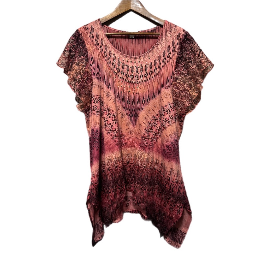 World Unity Blouse Womens XXL Pink Tribal Print Studded Sharkbite Hem Excellent